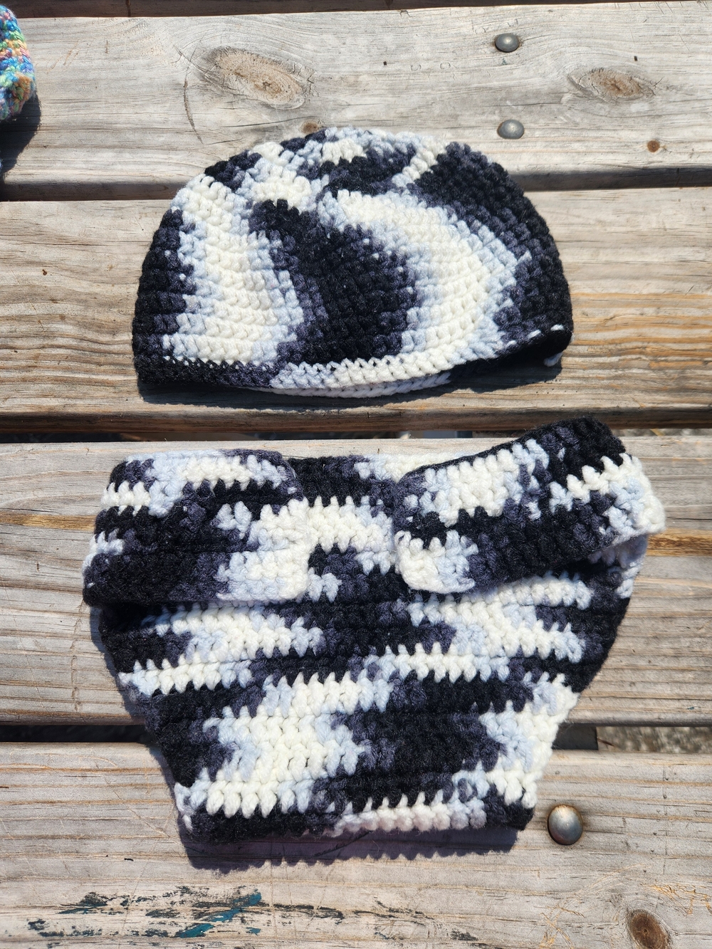 Handmade Kids Black & White Crochet Beanie and Diaper Cover Set